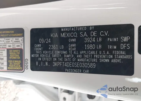 2025 Kia K4 Lxs z USA, uszkodzony, nr VIN 3KPFT4DE0SE030589